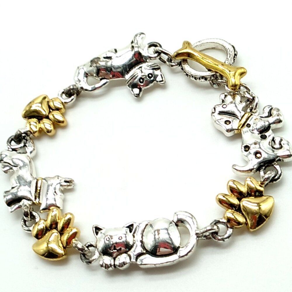 Vintage Premier Designs FURRY FRIENDS Gold & Silver-tone Dog Cat & Paw Bracelet